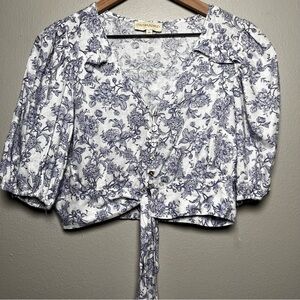 Cynthia Rowley Women 100% Linen Top XS Blue White Floral Crop‎ Cottage Feminine
